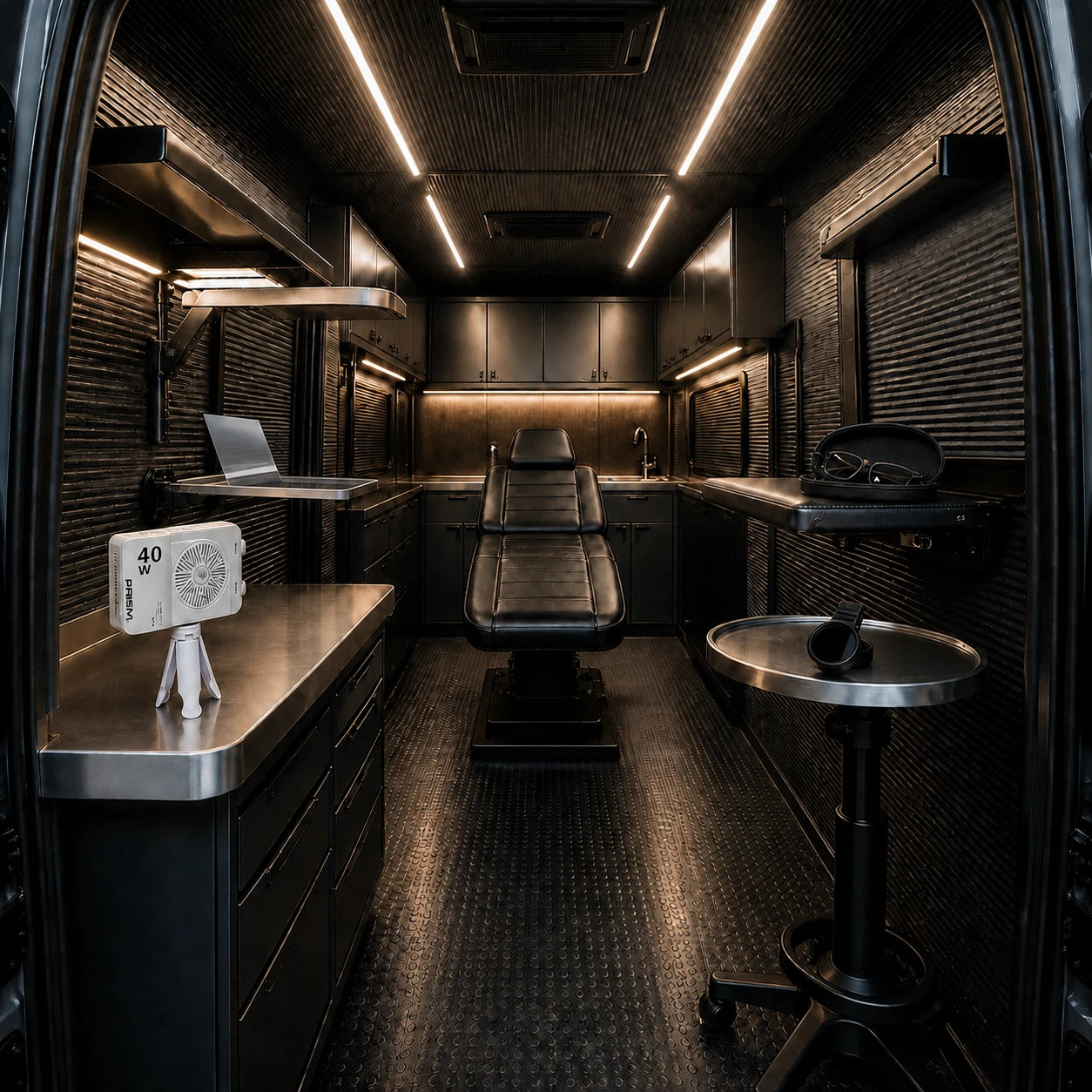 Cabina de tatuaje móvil equipada con Spotlight Pack, gafas PRISM Vision, lámina polarizada y lente polarizada PRISM para móvil